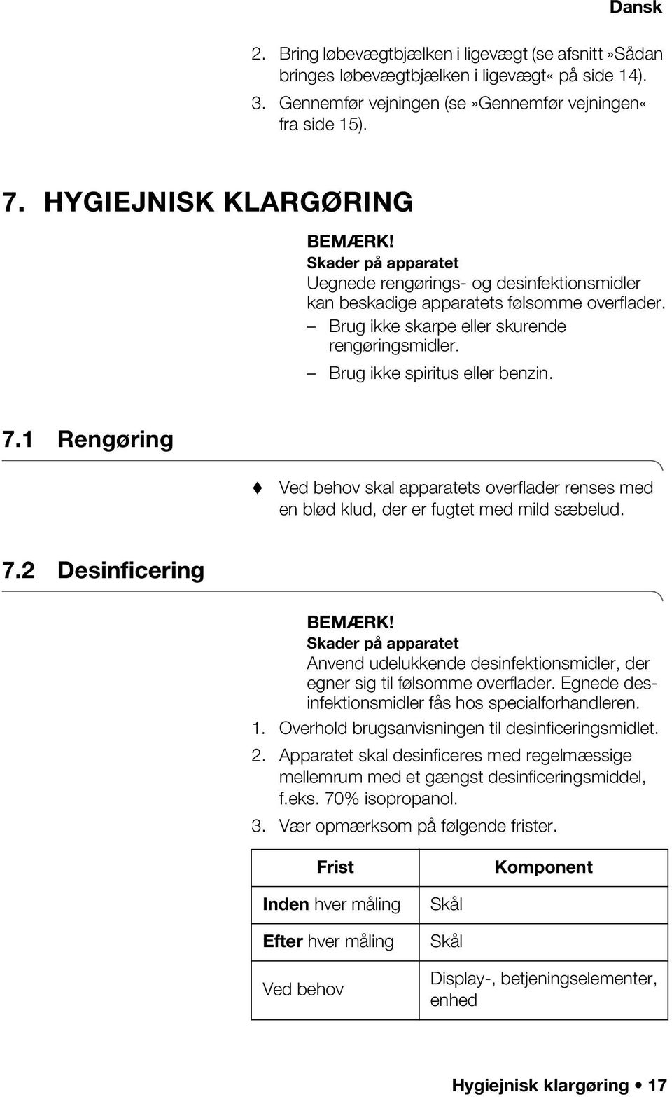 Brug ikke spiritus eller benzin. 7.1 Rengøring Ved behov skal apparatets overflader renses med en blød klud, der er fugtet med mild sæbelud. 7.2 Desinficering BEMÆRK!