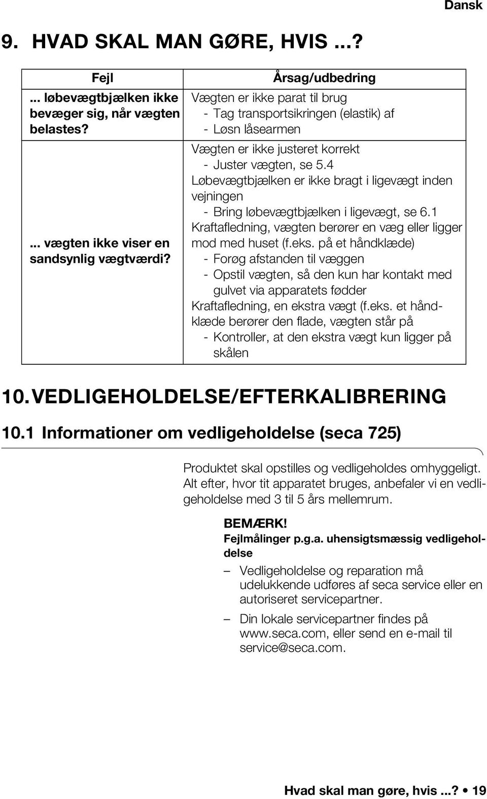 4 Løbevægtbjælken er ikke bragt i ligevægt inden vejningen - Bring løbevægtbjælken i ligevægt, se 6.1 Kraftafledning, vægten berører en væg eller ligger mod med huset (f.eks.