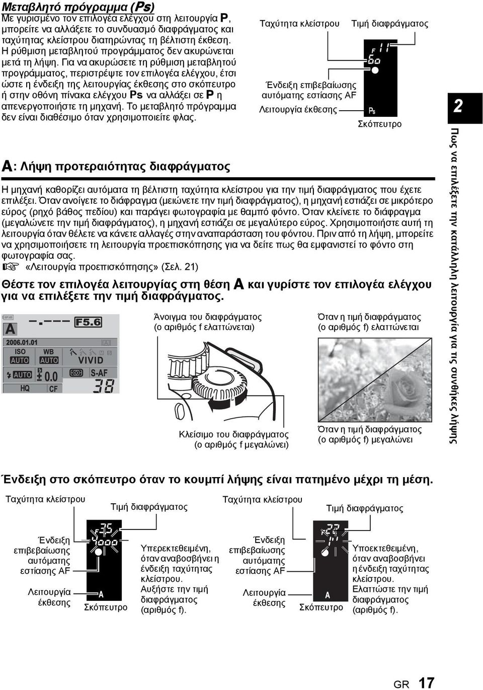 Για να ακυρώσετε τη ρύθμιση μεταβλητού προγράμματος, περιστρέψτε τον επιλογέα ελέγχου, έτσι ώστε η ένδειξη της λειτουργίας έκθεσης στο σκόπευτρο ή στην οθόνη πίνακα ελέγχου % να αλλάξει σε P η