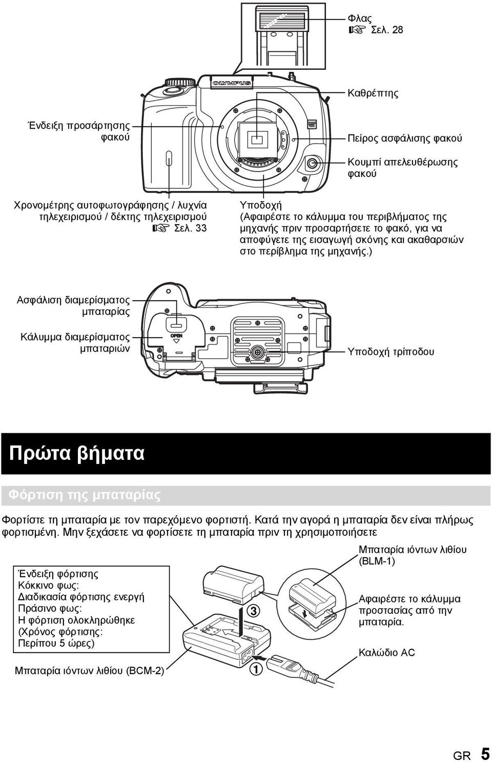 ) Ασφάλιση διαμερίσματος μπαταρίας Κάλυμμα διαμερίσματος μπαταριών Υποδοχή τρίποδου Πρώτα βήματα Φόρτιση της μπαταρίας Φορτίστε τη μπαταρία με τον παρεχόμενο φορτιστή.