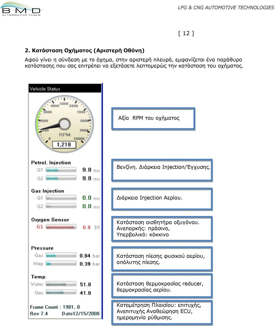 επιτρέπει να εξετάσετε λεπτομερώς την κατάσταση του οχήματος. Αξία RPM του οχήματος Βενζίνη. Διάρκεια Injection/Έγχυσης.