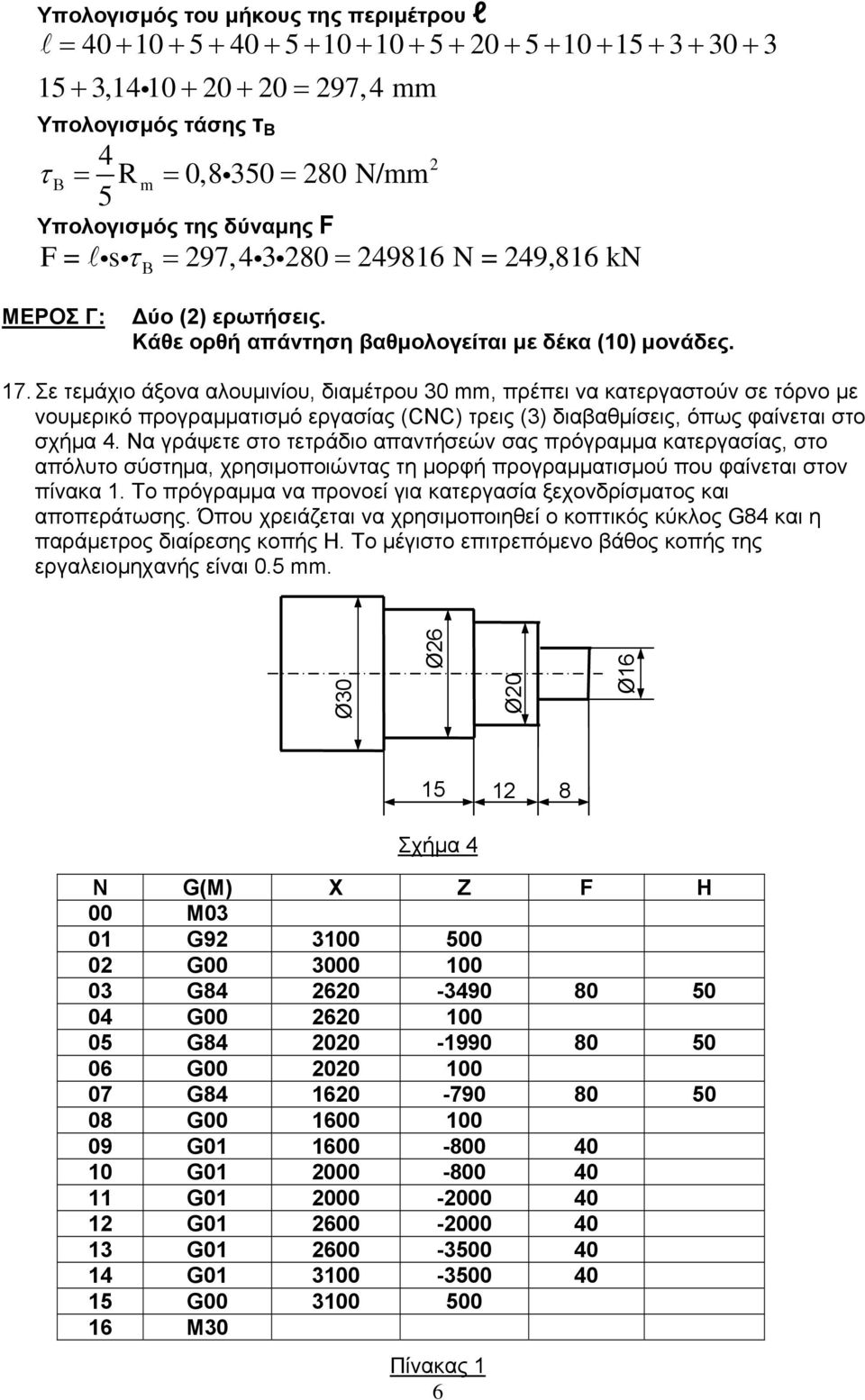 Σε τεμάχιο άξονα αλουμινίου, διαμέτρου 30 mm, πρέπει να κατεργαστούν σε τόρνο με νουμερικό προγραμματισμό εργασίας (CNC) τρεις (3) διαβαθμίσεις, όπως φαίνεται στο σχήμα 4.