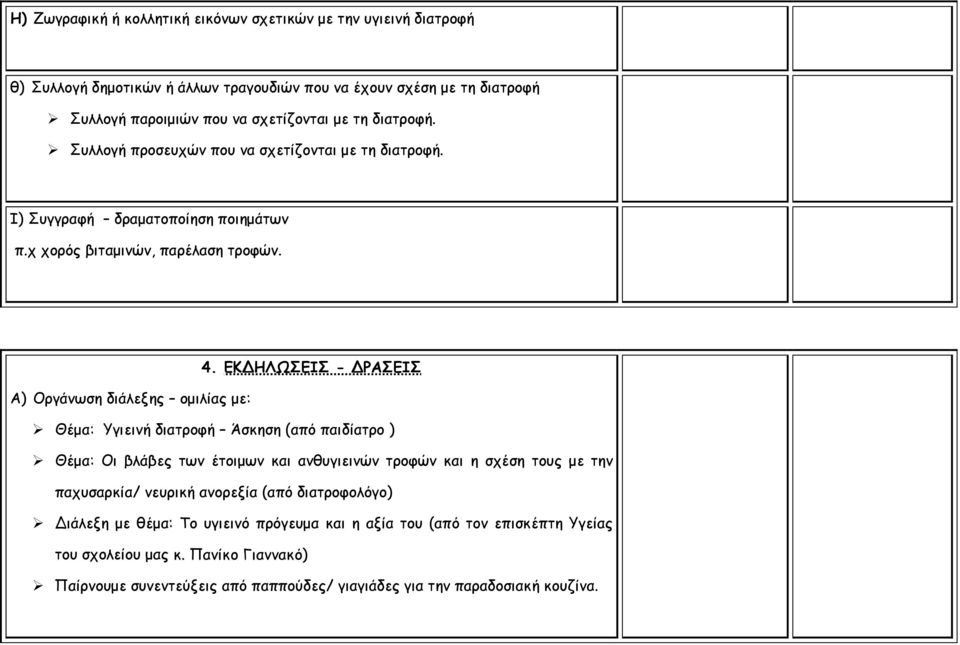 ΕΚ ΗΛΩΣΕΙΣ - ΡΑΣΕΙΣ Α) Οργάνωση διάλεξης ομιλίας με: Θέμα: Υγιεινή διατροφή Άσκηση (από παιδίατρο ) Θέμα: Οι βλάβες των έτοιμων και ανθυγιεινών τροφών και η σχέση τους με την
