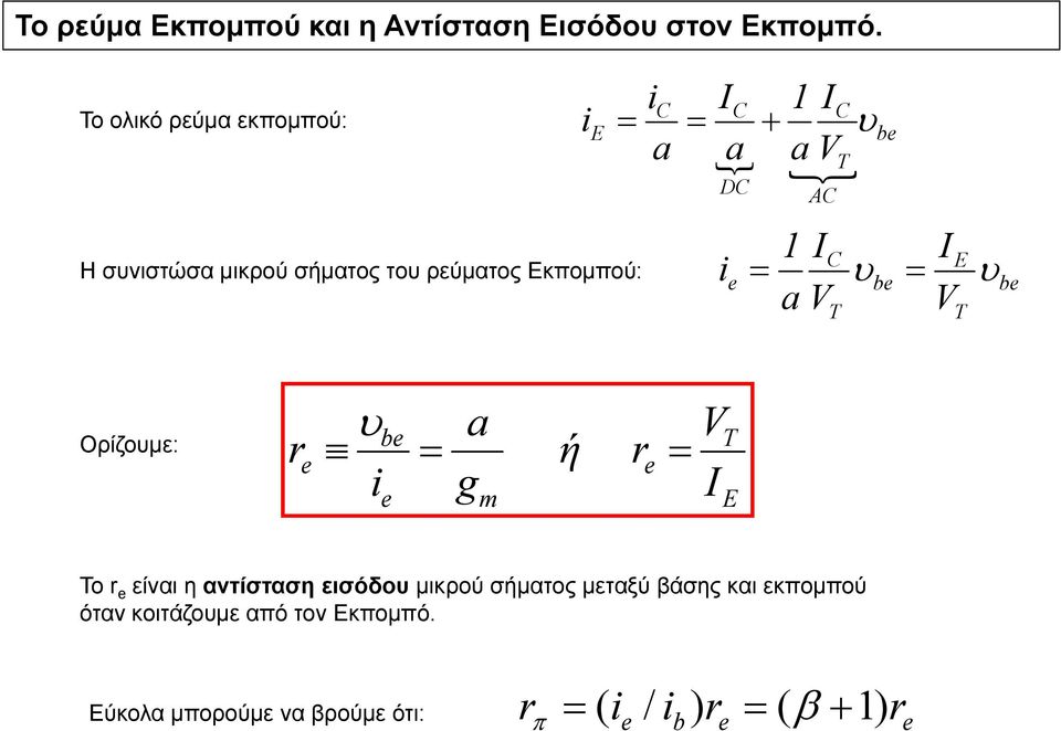 ρεύματος Εκπομπού: 1 a Ορίζομε: a ή Το είναι η αντίσταση εισόδο μικρού