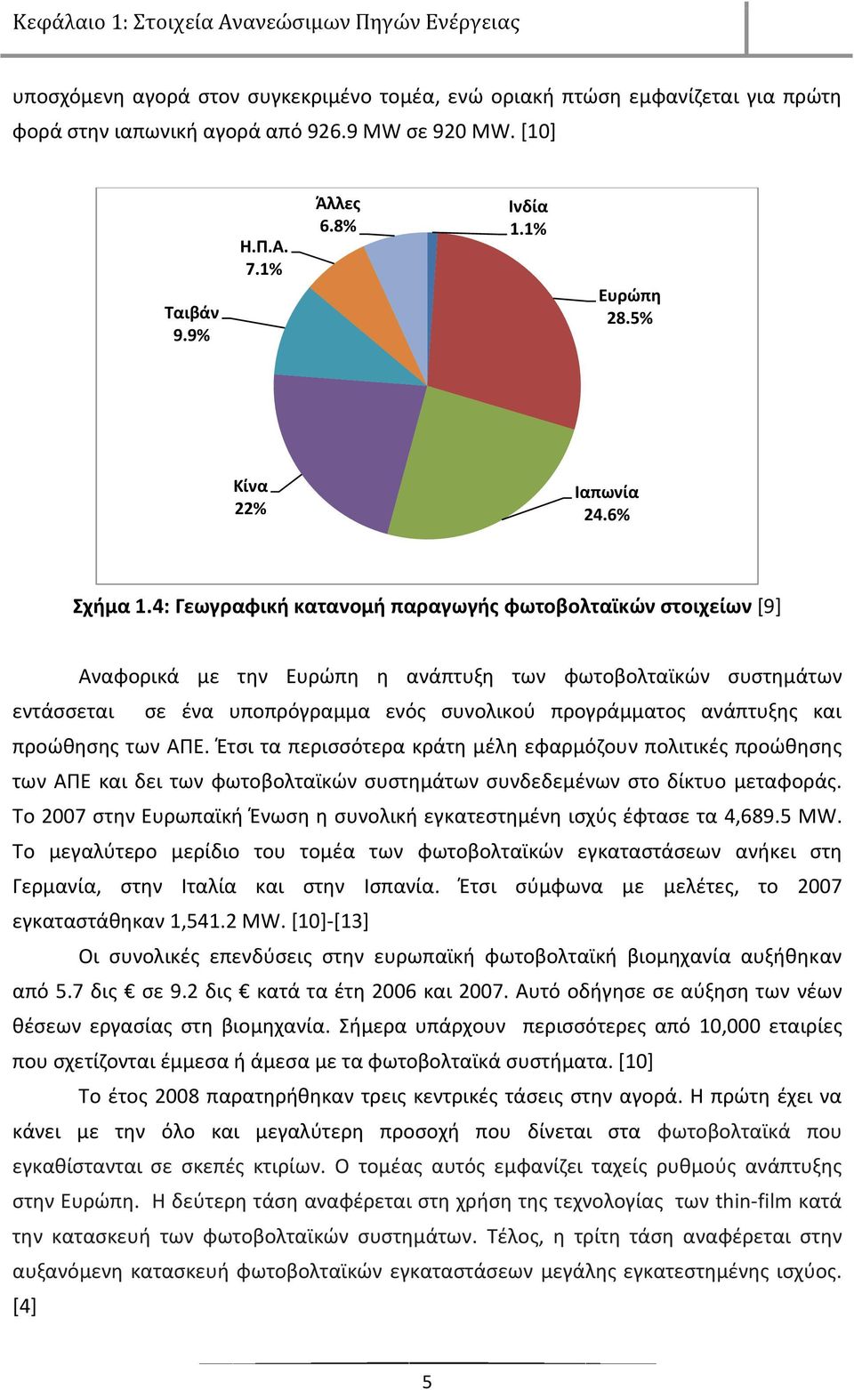 4: Γεωγραφικι κατανομι παραγωγισ φωτοβολταϊκϊν ςτοιχείων [9] Αναφορικά με τθν Ευρϊπθ θ ανάπτυξθ των φωτοβολταϊκϊν ςυςτθμάτων εντάςςεται ςε ζνα υποπρόγραμμα ενόσ ςυνολικοφ προγράμματοσ ανάπτυξθσ και