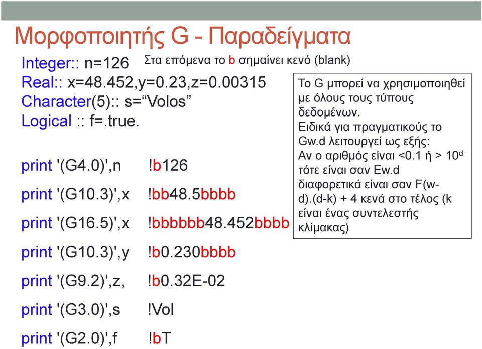 Vol print '(G2.0)',f!bT Στα επόμενα το b σημαίνει κενό (blank) To G μπορεί να χρησιμοποιηθεί με όλους τους τύπους δεδομένων.