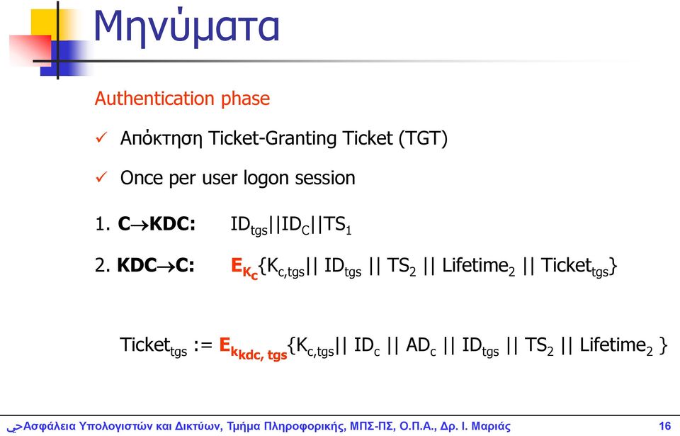 KDC C: E Kc {K c,tgs ID tgs TS 2 Lifetime 2 Ticket tgs } Ticket