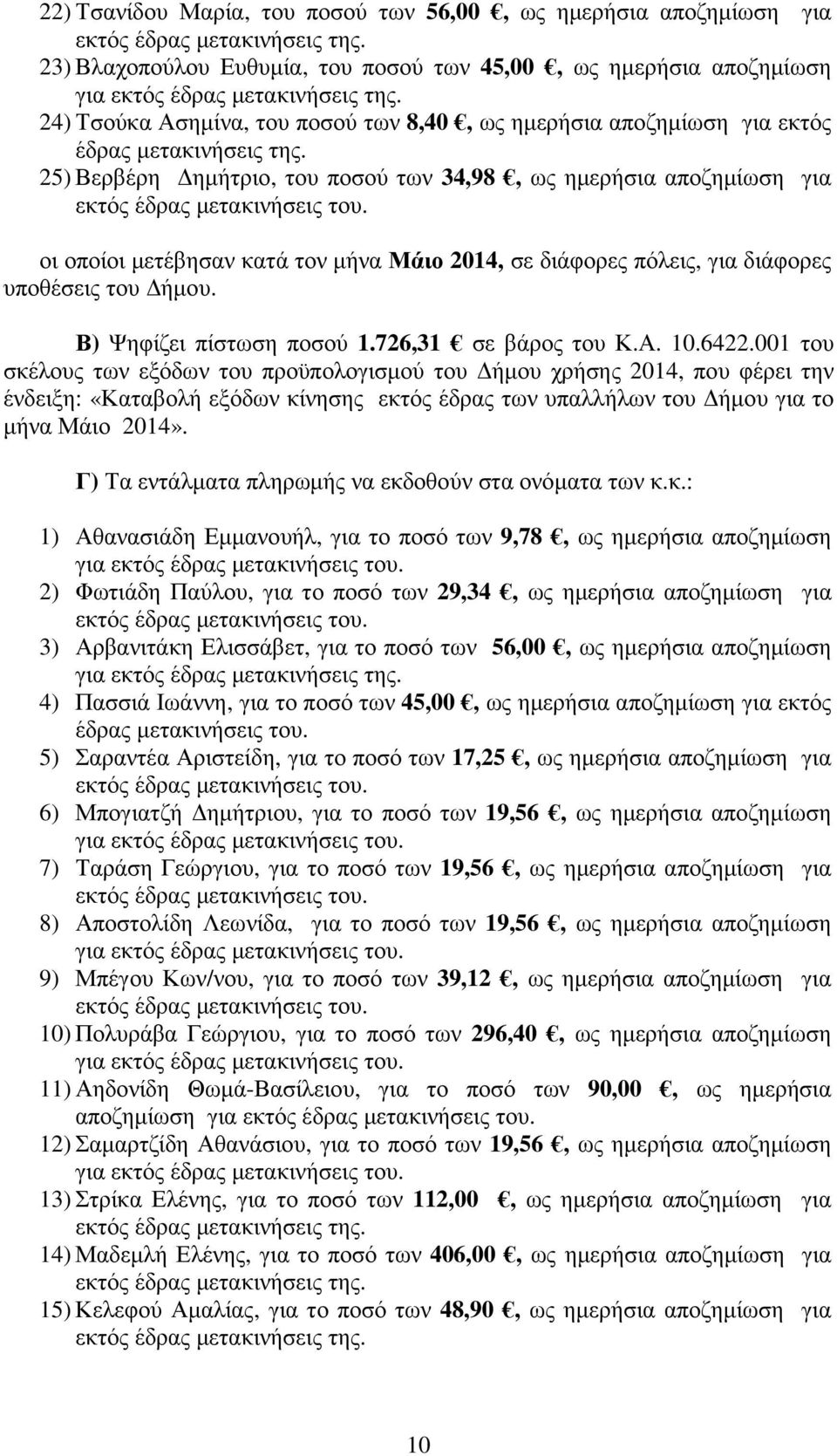 25) Βερβέρη ηµήτριο, του ποσού των 34,98, ως ηµερήσια αποζηµίωση για οι οποίοι µετέβησαν κατά τον µήνα Μάιο 2014, σε διάφορες πόλεις, για διάφορες υποθέσεις του ήµου. Β) Ψηφίζει πίστωση ποσού 1.