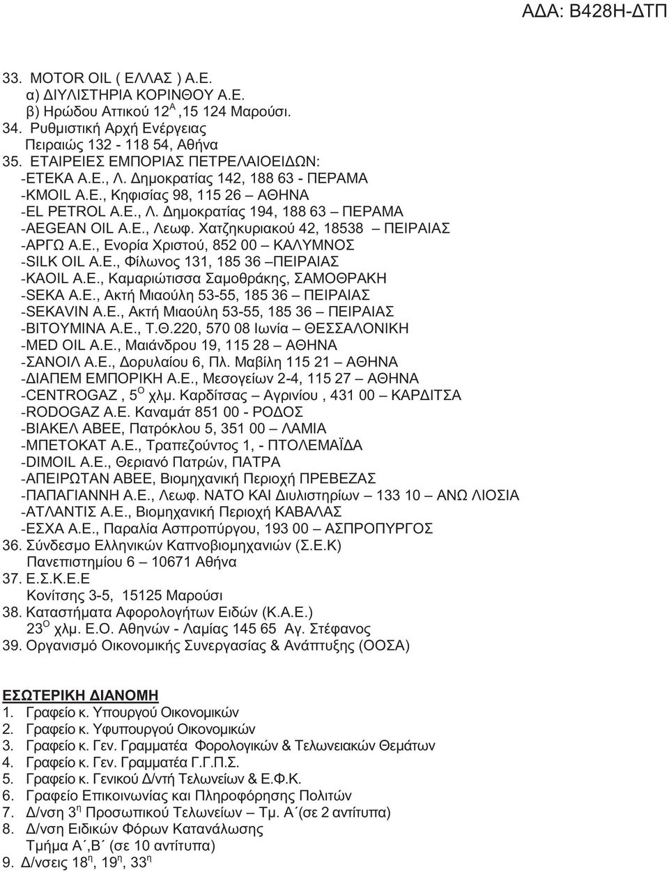 Χατζηκυριακού 42, 18538 ΠΕΙΡΑΙΑΣ -ΑΡΓΩ Α.Ε., Ενορία Χριστού, 852 00 ΚΑΛΥΜΝΟΣ -SILK OIL Α.Ε., Φίλωνος 131, 185 36 ΠΕΙΡΑΙΑΣ -ΚΑΟΙL Α.Ε., Καμαριώτισσα Σαμοθράκης, ΣΑΜΟΘΡΑΚΗ -SEK