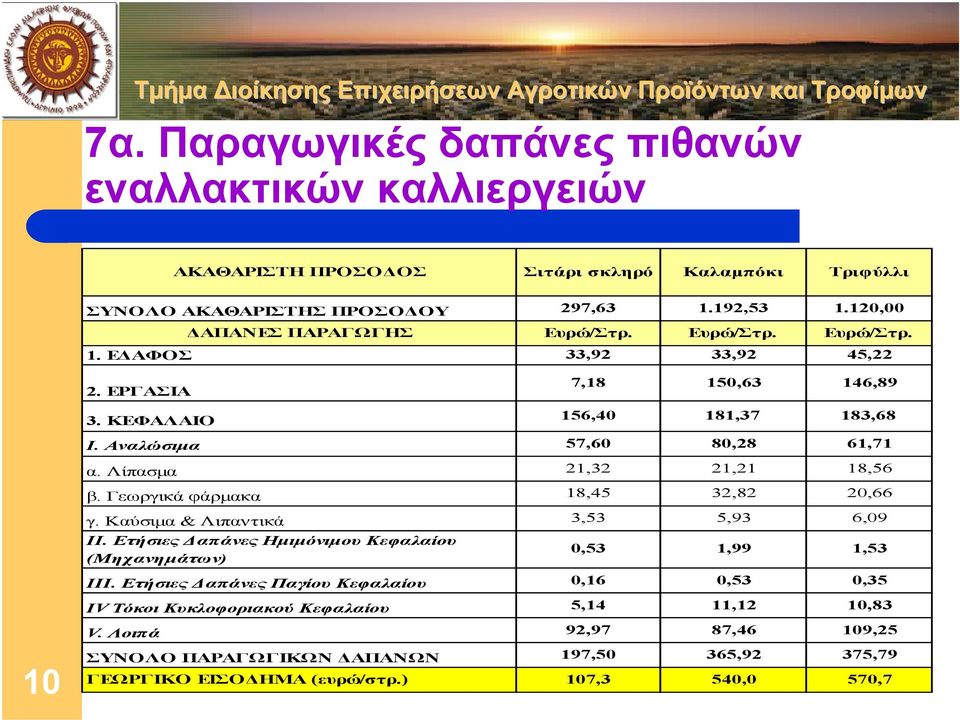 Λίπασµα 21,32 21,21 18,56 β. Γεωργικά φάρµακα 18,45 32,82 20,66 10 γ. Καύσιµα & Λιπαντικά 3,53 5,93 6,09 ΙΙ. Ετήσιες απάνες Ηµιµόνιµου Κεφαλαίου (Μηχανηµάτων) 0,53 1,99 1,53 ΙΙI.