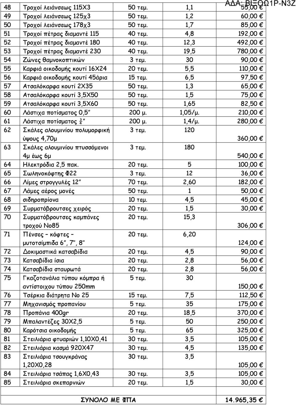 5,5 110,00 56 Καρφιά οικοδοµής κουτί 45άρια 15 τεµ. 6,5 97,50 57 Ατσαλόκαρφα κουτί 2Χ35 50 τεµ. 1,3 65,00 58 Ατσαλόκαρφα κουτί 3,5Χ50 50 τεµ. 1,5 75,00 59 Ατσαλόκαρφα κουτί 3,5Χ60 50 τεµ.