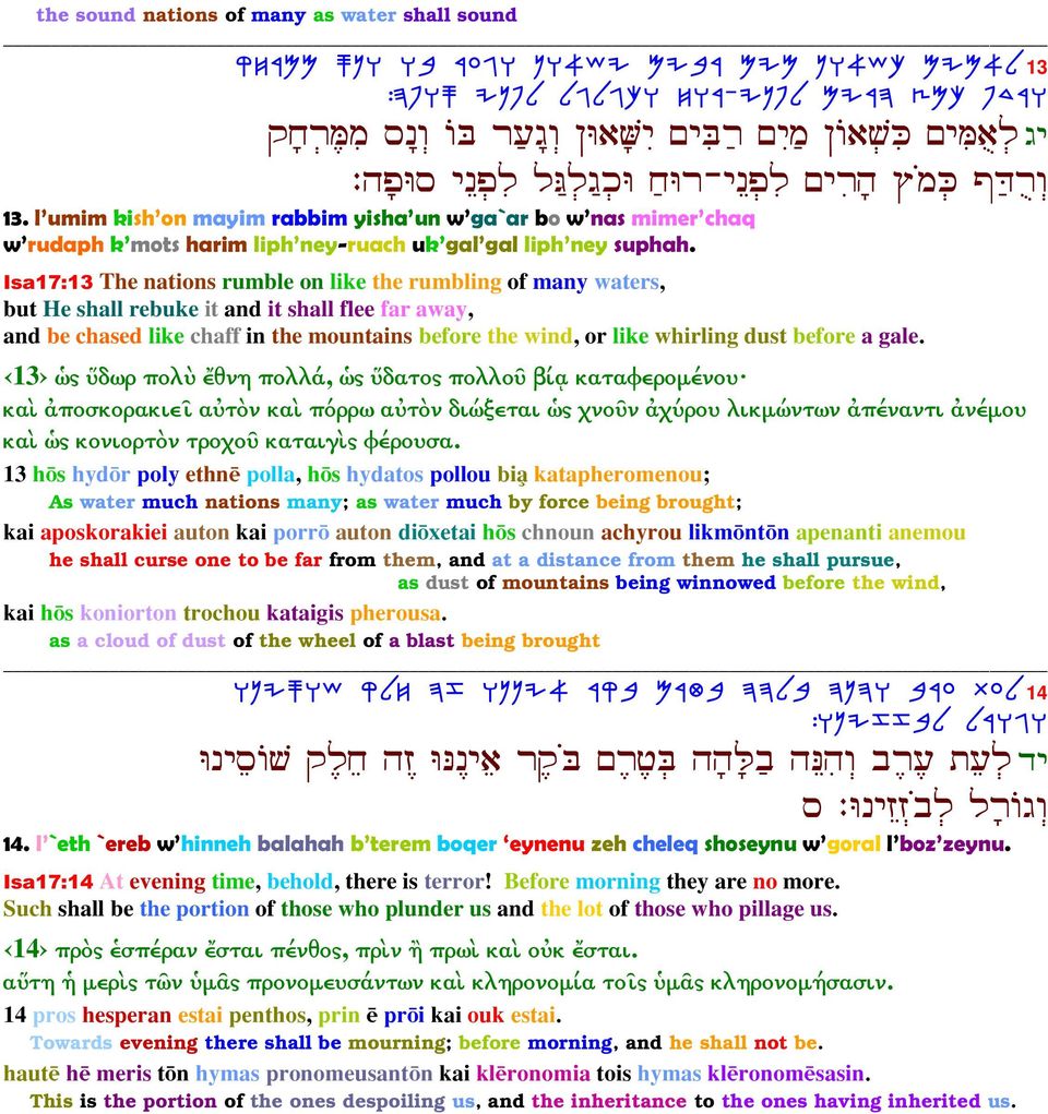 Isa17:13 The nations rumble on like the rumbling of many waters, but He shall rebuke it and it shall flee far away, and be chased like chaff in the mountains before the wind, or like whirling dust