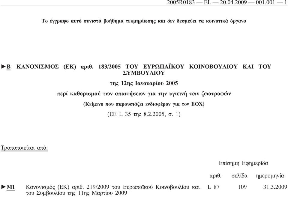 183/2005 ΤΟΥ ΕΥΡΩΠΑΪΚΟΥ ΚΟΙΝΟΒΟΥΛΙΟΥ ΚΑΙ ΤΟΥ ΣΥΜΒΟΥΛΙΟΥ της 12ης Ιανουαρίου 2005 περί καθορισμού των απαιτήσεων για την υγιεινή των