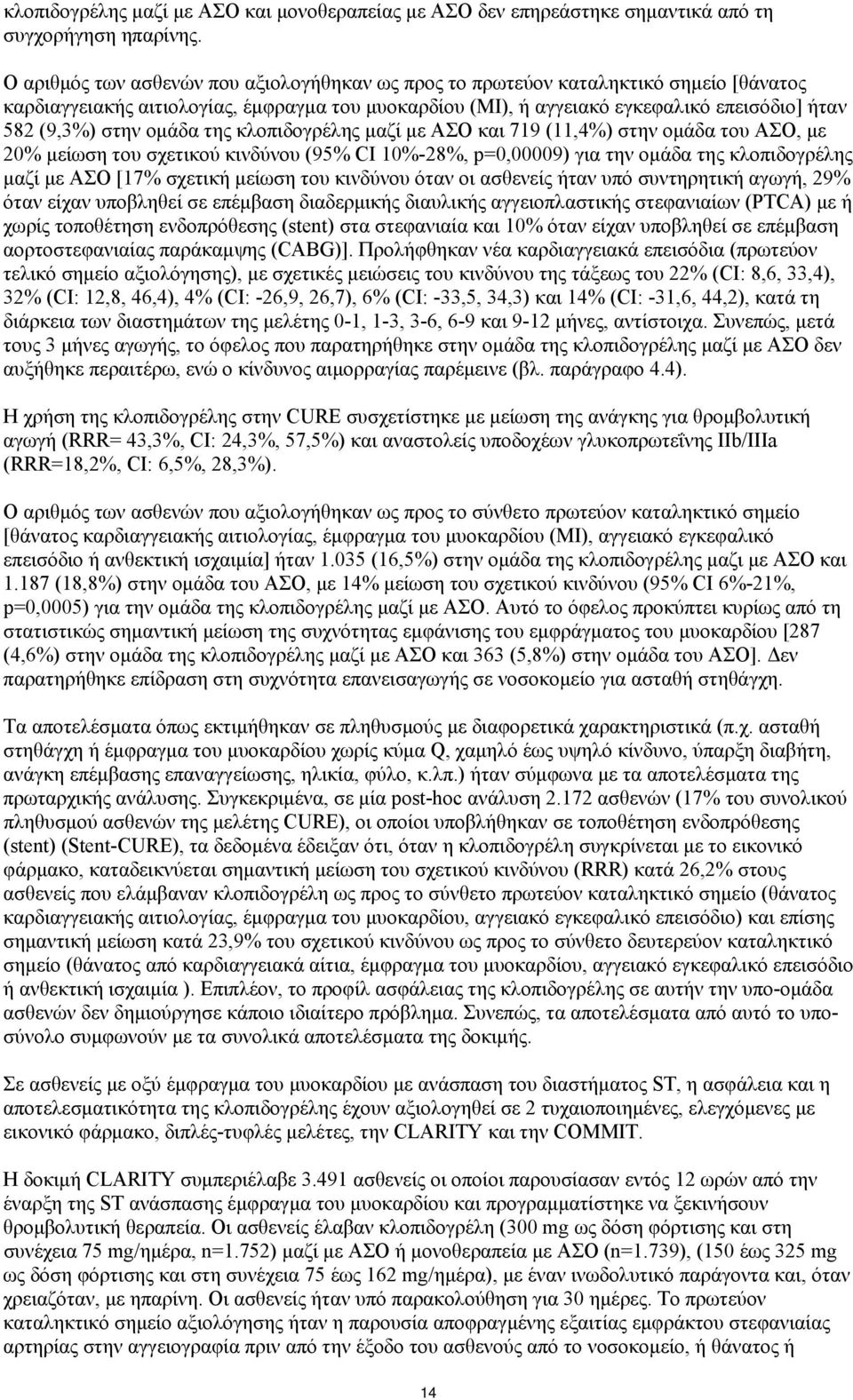 ομάδα της κλοπιδογρέλης μαζί με ΑΣΟ και 719 (11,4%) στην ομάδα του ΑΣΟ, με 20% μείωση του σχετικού κινδύνου (95% CI 10%-28%, p=0,00009) για την ομάδα της κλοπιδογρέλης μαζί με ΑΣΟ [17% σχετική μείωση