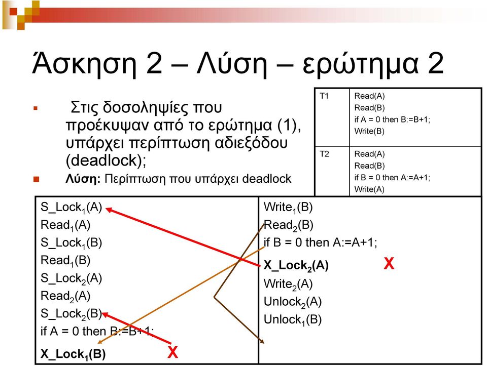 B:=B+1; X_Lock 1 (B) X Τ1 Τ2 Read Read(B) if A = 0 then B:=B+1; Write(B) Read Read(B) if B = 0 then A:=A+1; Write Write1(B) 1 Unlock1(B)