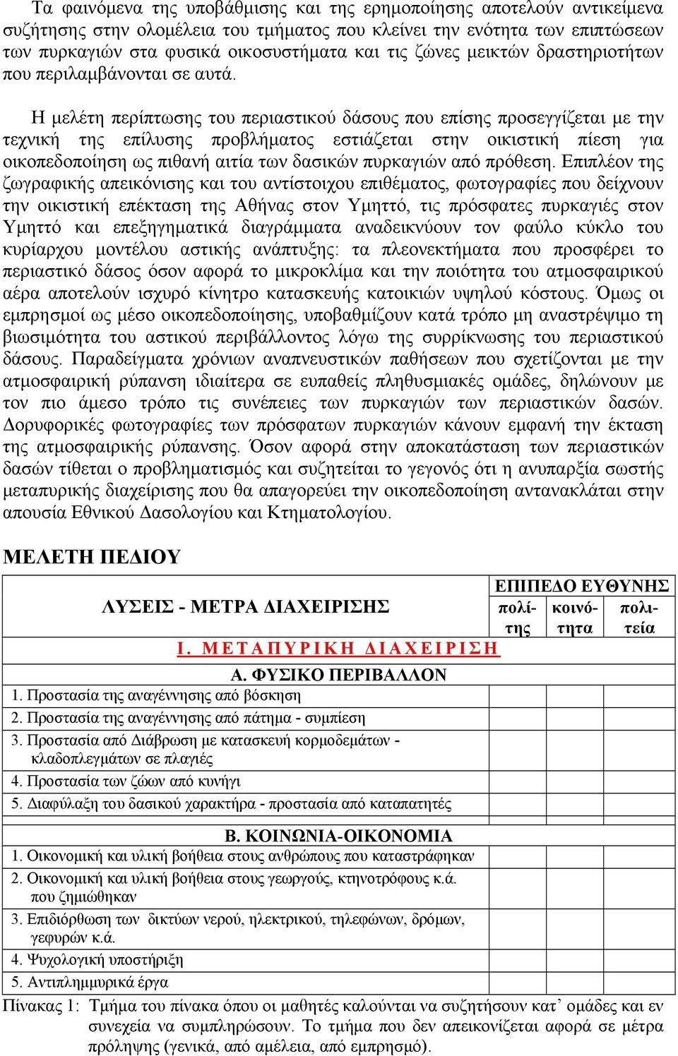 Η μελέτη περίπτωσης του περιαστικού δάσους που επίσης προσεγγίζεται με την τεχνική της επίλυσης προβλήματος εστιάζεται στην οικιστική πίεση για οικοπεδοποίηση ως πιθανή αιτία των δασικών πυρκαγιών