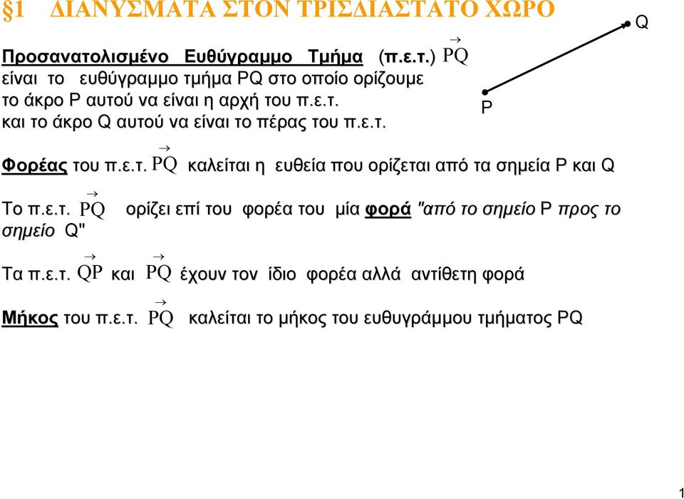ε.τ. Φορέας του π.ε.τ. PQ PQ καλείται η ευθεία που ορίζεται από τα σημεία Ρ και Q P Q Το π.ε.τ. σημείο Q" PQ QP Τα π.ε.τ. και Μήκος του π.