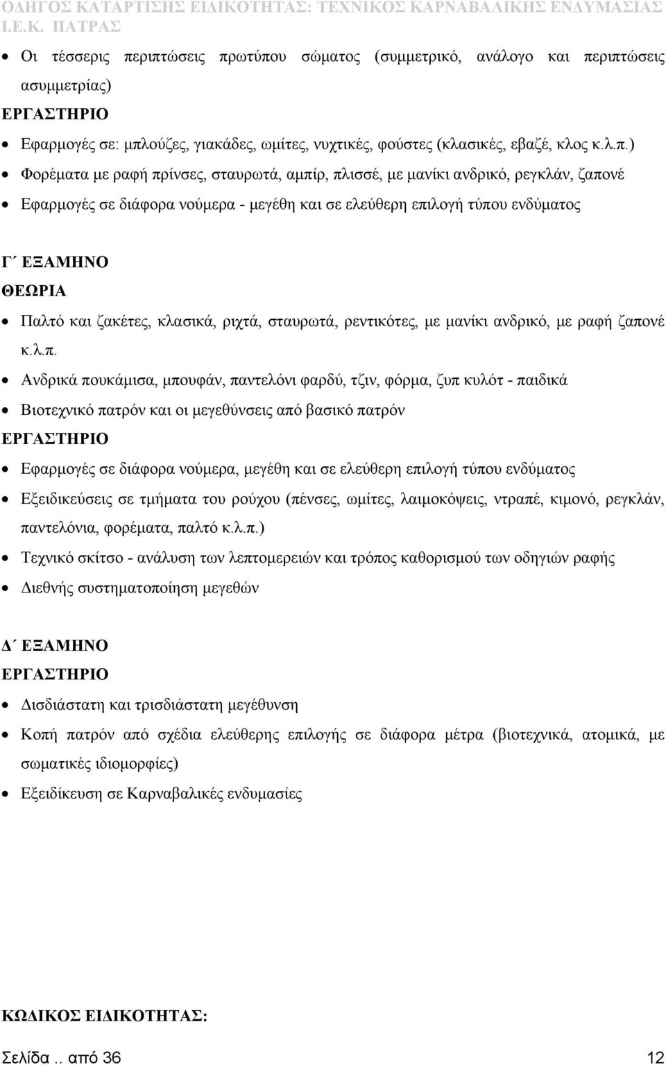 πρίνσες, σταυρωτά, αμπίρ, πλισσέ, με μανίκι ανδρικό, ρεγκλάν, ζαπονέ Εφαρμογές σε διάφορα νούμερα - μεγέθη και σε ελεύθερη επιλογή τύπου ενδύματος Γ ΕΞΑΜΗΝΟ ΘΕΩΡΙΑ Παλτό και ζακέτες, κλασικά, ριχτά,