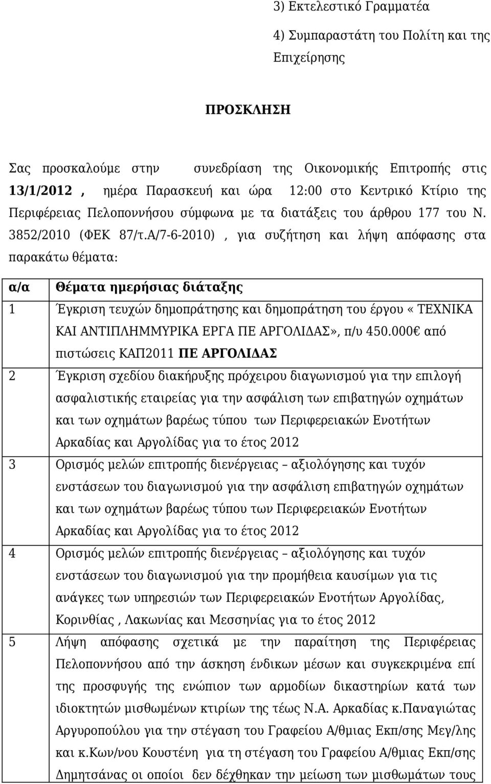 Α/7-6-2010), για συζήτηση και λήψη απόφασης στα παρακάτω θέματα: α/α Θέματα ημερήσιας διάταξης 1 Έγκριση τευχών δημοπράτησης και δημοπράτηση του έργου «ΤΕΧΝΙΚΑ ΚΑΙ ΑΝΤΙΠΛΗΜΜΥΡΙΚΑ ΕΡΓΑ ΠΕ ΑΡΓΟΛΙΔΑΣ»,