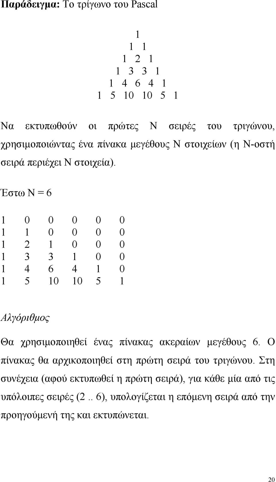 Έστω Ν = 6 1 0 0 0 0 0 1 1 0 0 0 0 1 2 1 0 0 0 1 3 3 1 0 0 1 4 6 4 1 0 1 5 10 10 5 1 Αλγόριθµος Θα χρησιµοποιηθεί ένας πίνακας ακεραίων µεγέθους