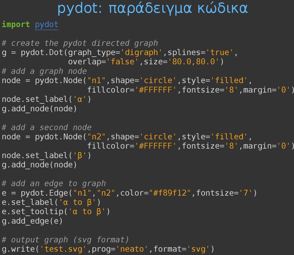 add_node(node) # add a second node node = pydot.node("n2",shape='circle',style='filled', fillcolor='#ffffff',fontsize='8',margin='0') node.set_label('β') g.