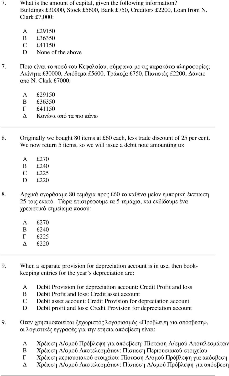 Originally we bought 80 items at 60 each, less trade discount of 25 per cent. We now return 5 items, so we will issue a debit note amounting to: 270 240 225 220 8.