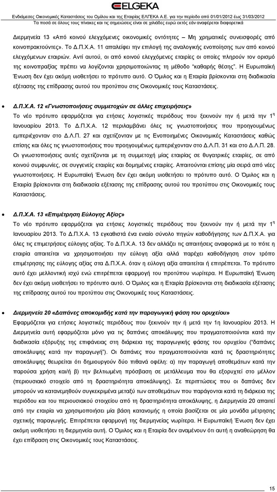 Η Ευρωπαϊκή Ένωση δεν έχει ακόμη υιοθετήσει το πρότυπο αυτό. Ο Όμιλος και η Εταιρία βρίσκονται στη διαδικασία εξέτασης της επίδρασης αυτού του προτύπου στις Οικονομικές τους Καταστάσεις. Δ.Π.Χ.Α.