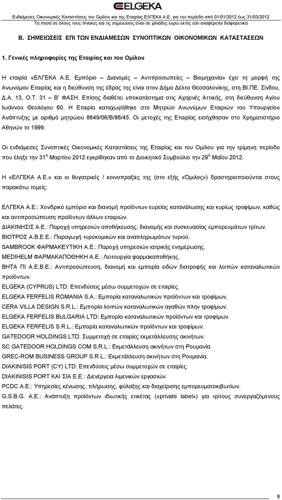 Η Εταιρία καταχωρήθηκε στο Μητρώο Ανωνύμων Εταιριών του Υπουργείου Ανάπτυξης με αριθμό μητρώου 8649/06/Β/86/45. Οι μετοχές της Εταιρίας εισήχθησαν στο Χρηματιστήριο Αθηνών το 1999.