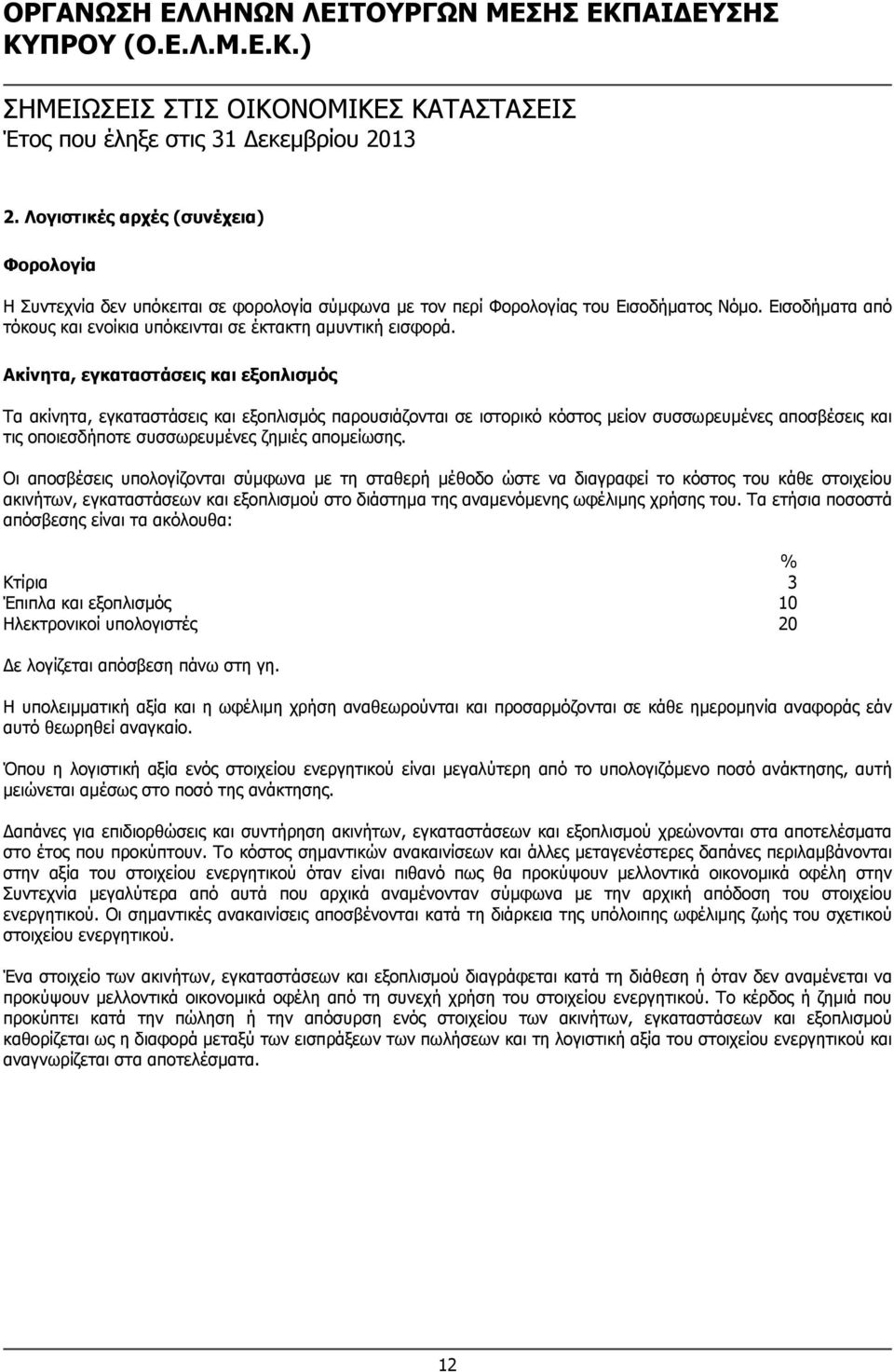 Ακίνητα, εγκαταστάσεις και εξοπλισμός Τα ακίνητα, εγκαταστάσεις και εξοπλισμός παρουσιάζονται σε ιστορικό κόστος μείον συσσωρευμένες αποσβέσεις και τις οποιεσδήποτε συσσωρευμένες ζημιές απομείωσης.