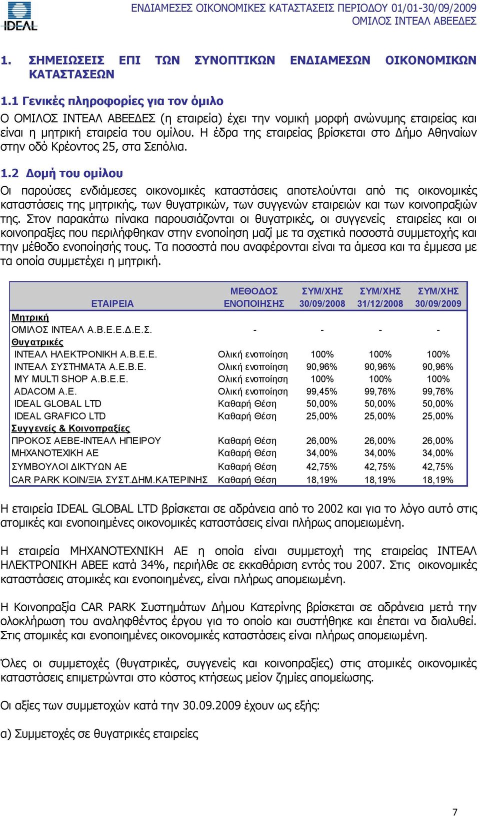 2 Γνκή ηνπ νκίινπ Νη παξνχζεο ελδηάκεζεο νηθνλνκηθέο θαηαζηάζεηο απνηεινχληαη απφ ηηο νηθνλνκηθέο θαηαζηάζεηο ηεο κεηξηθήο, ησλ ζπγαηξηθψλ, ησλ ζπγγελψλ εηαηξεηψλ θαη ησλ θνηλνπξαμηψλ ηεο.