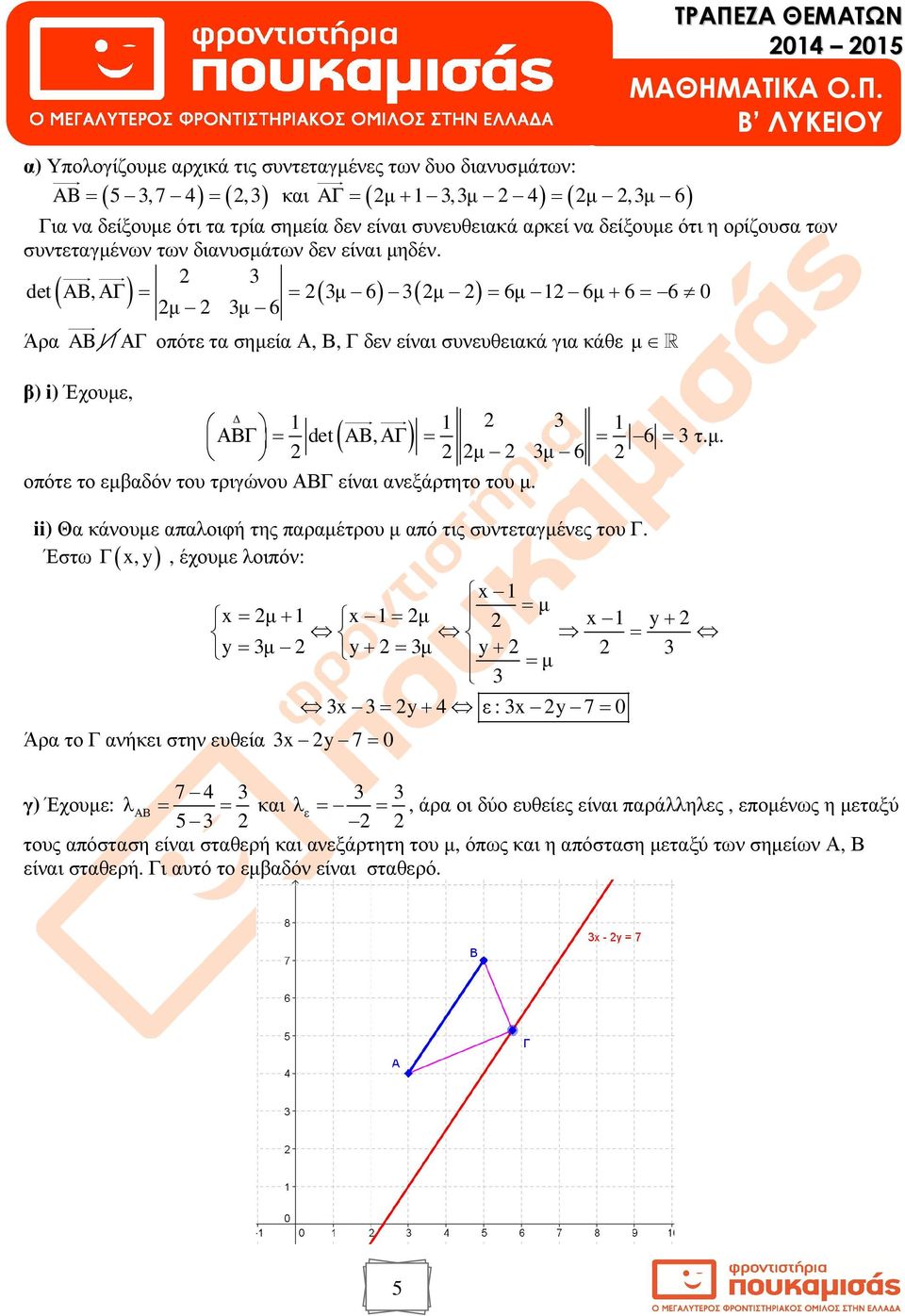 3 det( AB,ΑΓ) = ( 3µ 6) 3( µ ) 6µ 6µ 6 6 µ 3µ 6 = = + = Άρα AB / / ΑΓ οπότε τα σηµεία Α, Β, Γ δεν είναι συνευθειακά για κάθε µ R β) i) Έχουµε, 3 ΑΒΓ = det( AB,ΑΓ) = = 6 = 3 τ.µ. µ 3µ 6 οπότε το εµβαδόν του τριγώνου ΑΒΓ είναι ανεξάρτητο του µ.