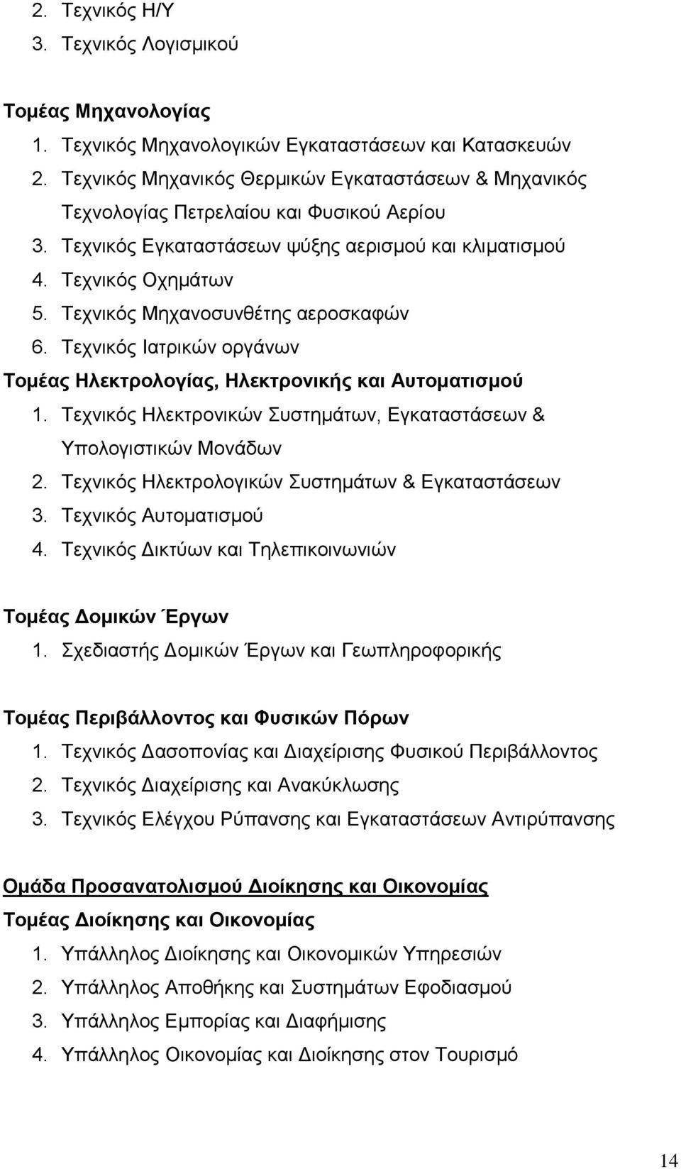 Τεχνικός Μηχανοσυνθέτης αεροσκαφών 6. Τεχνικός Ιατρικών οργάνων Τομέας Ηλεκτρολογίας, Ηλεκτρονικής και Αυτοματισμού 1. Τεχνικός Ηλεκτρονικών Συστημάτων, Εγκαταστάσεων & Υπολογιστικών Μονάδων 2.