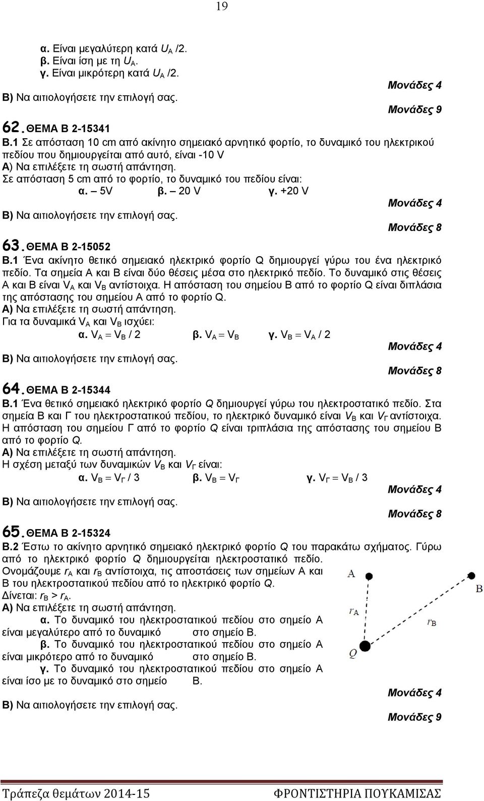 5V β. 0 V γ. +0 V 63.ΘΕΜΑ Β -1505 B.1 Ένα ακίνητο θετικό σημειακό ηλεκτρικό φορτίο Q δημιουργεί γύρω του ένα ηλεκτρικό πεδίο. Τα σημεία A και Β είναι δύο θέσεις μέσα στο ηλεκτρικό πεδίο.