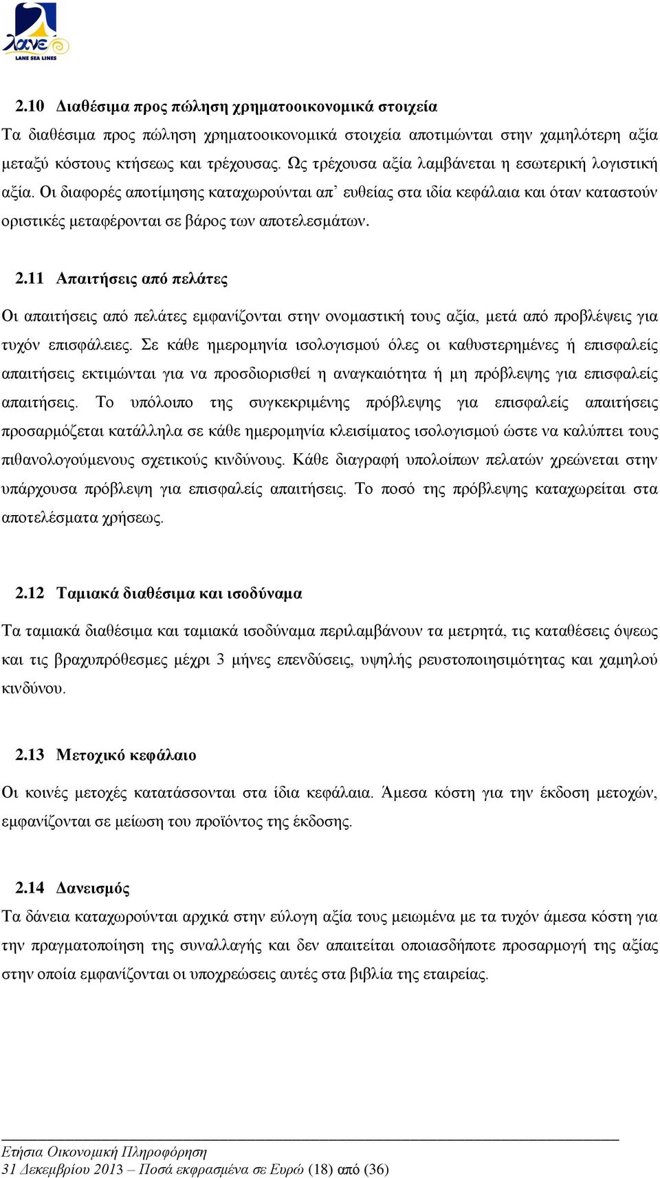 11 Απαιτήσεις από πελάτες Οι απαιτήσεις από πελάτες εμφανίζονται στην ονομαστική τους αξία, μετά από προβλέψεις για τυχόν επισφάλειες.