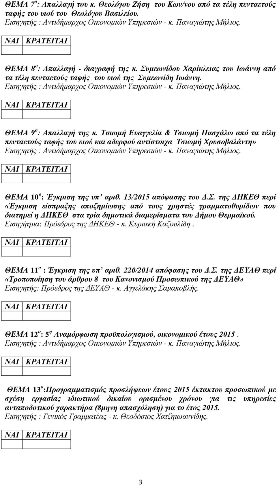 Τσιωμή Ευαγγελία & Τσιωμή Πασχάλω από τα τέλη πενταετούς ταφής του υιού και αδερφού αντίστοιχα Τσιωμή Χρυσοβαλάντη» ΘΕΜΑ 10 ο : Έγκριση της υπ αριθ. 13/2015 απόφασης του Δ.Σ.