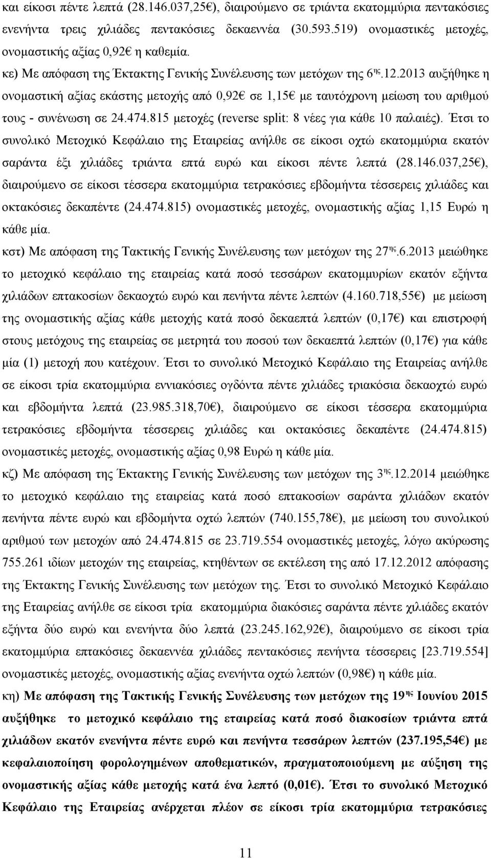 2013 αυξήθηκε η ονομαστική αξίας εκάστης μετοχής από 0,92 σε 1,15 με ταυτόχρονη μείωση του αριθμού τους - συνένωση σε 24.474.815 μετοχές (reverse split: 8 νέες για κάθε 10 παλαιές).