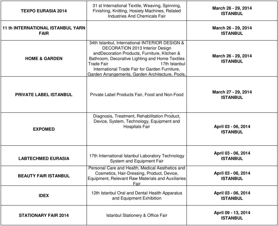 Istanbul International Trade Fair for Garden Furniture, Garden Arrangements, Garden Architecture, Pools, March 26-29, 2014 March 26-29, 2014 PRIVATE LABEL Private Label Products Fair, Food and