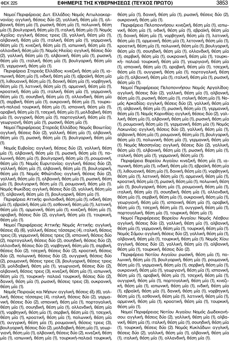 (1). Νομός Αχαΐας: αγγλική, θέσεις τρεις (3), γαλλική, θέση μία (1), αλβανική, θέση μία (1), ιταλική, θέση μία (1), γερμανική, θέση μία (1), κινεζική, θέση μία (1), ιαπωνική, θέση μία (1), ολλανδική,