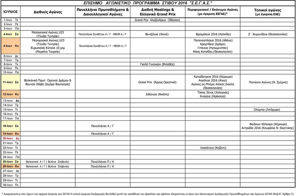 Γκαλά Γυναικών (Φιλοθέη) 9-Ιουν Πε 10-Ιουν Πα 11-Ιουν Σα Βαλκανικό Πρωτ Ορεινού Δρόμου & Βουνού (Νόβα Ζαγόρα Βουλγαρία) Grand Prix (Άργος Ορεστικό) 12-Ιουν Κυ Σιθώνεια (Νικήτη) 13-Ιουν Δε 14-Ιουν Τρ