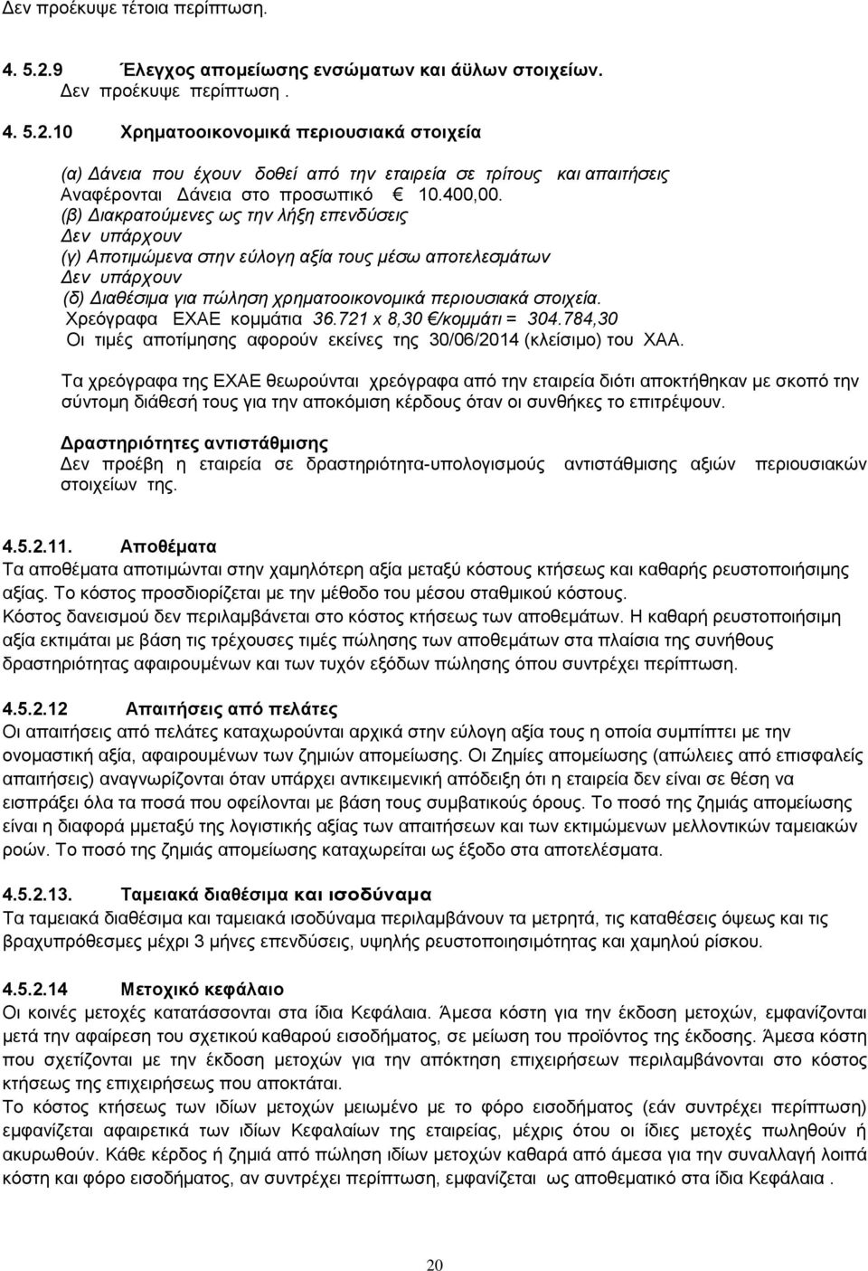 Χρεόγραφα ΕΧΑΕ κομμάτια 36.721 x 8,30 /κομμάτι = 304.784,30 Οι τιμές αποτίμησης αφορούν εκείνες της 30/06/2014 (κλείσιμο) του ΧΑΑ.