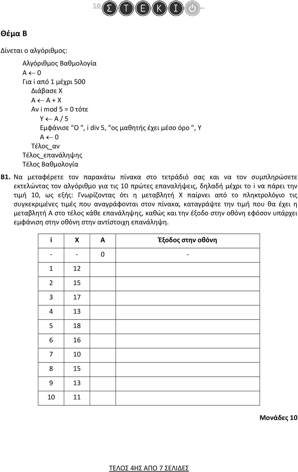 Να μεταφέρετε τον παρακάτω πίνακα στο τετράδιό σας και να τον συμπληρώσετε εκτελώντας τον αλγόριθμο για τις 10 πρώτες επαναλήψεις, δηλαδή μέχρι το i να πάρει την τιμή 10, ως εξής: Γνωρίζοντας