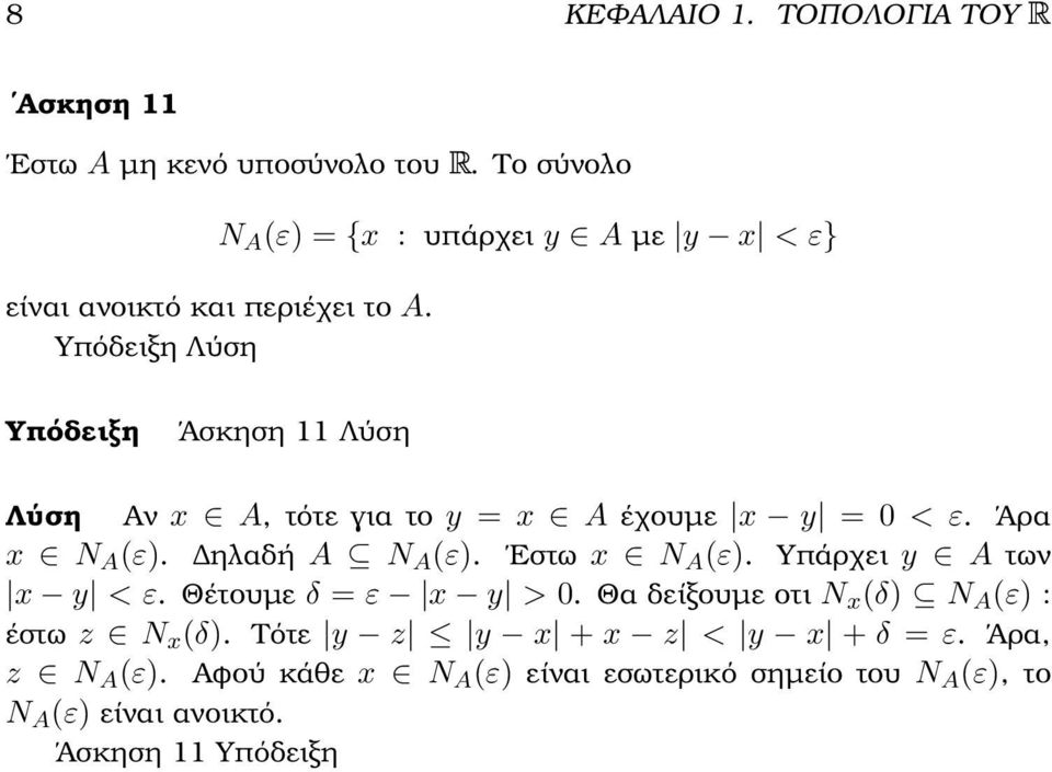 Άσκηση Λύση Λύση Αν x A, τότε για το y = x A έχουµε x y = < ε. Άρα x N A (ε). ηλαδή A N A (ε). Εστω x N A (ε).