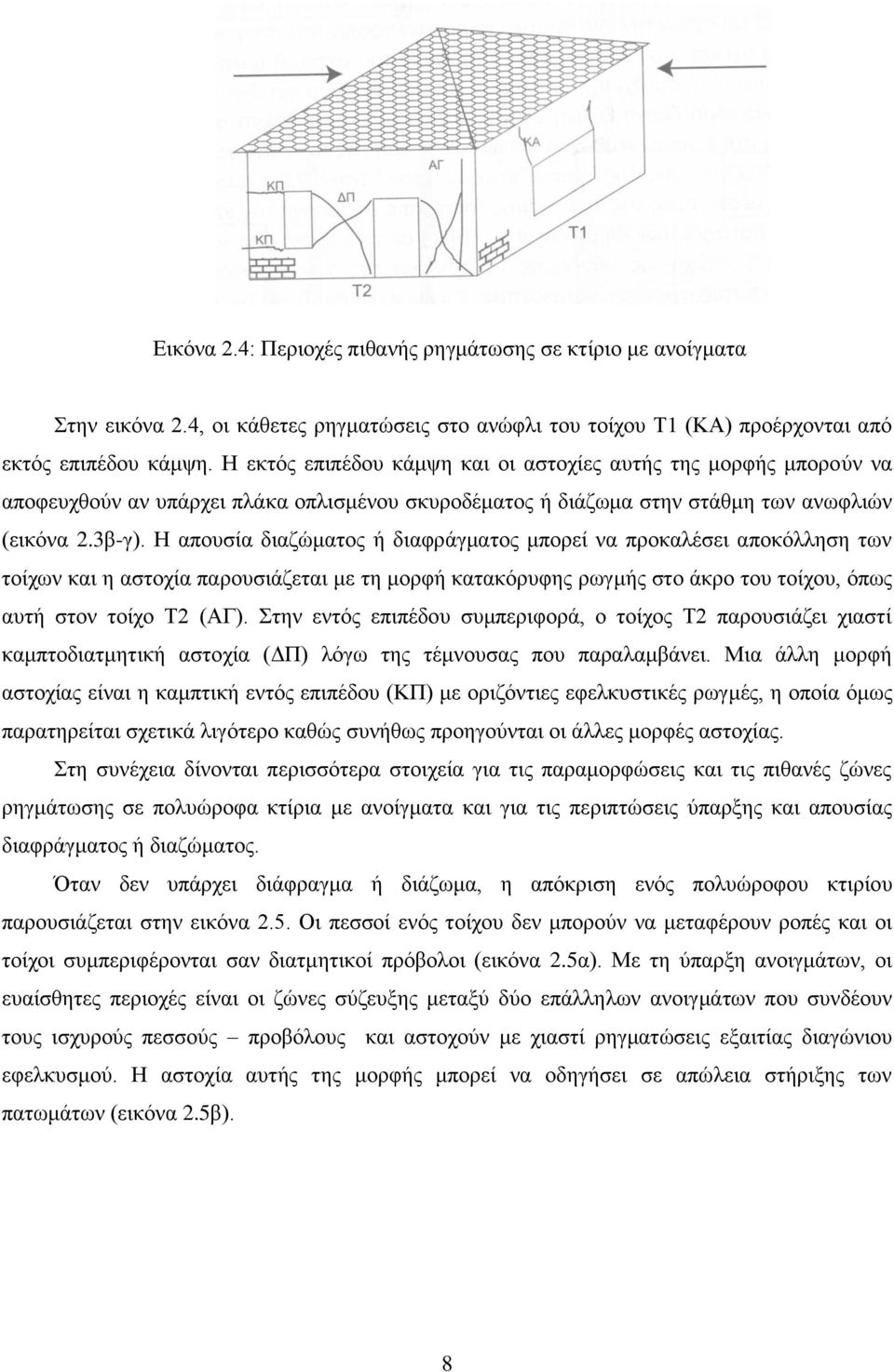 Η απουσία διαζώματος ή διαφράγματος μπορεί να προκαλέσει αποκόλληση των τοίχων και η αστοχία παρουσιάζεται με τη μορφή κατακόρυφης ρωγμής στο άκρο του τοίχου, όπως αυτή στον τοίχο Τ2 (ΑΓ).