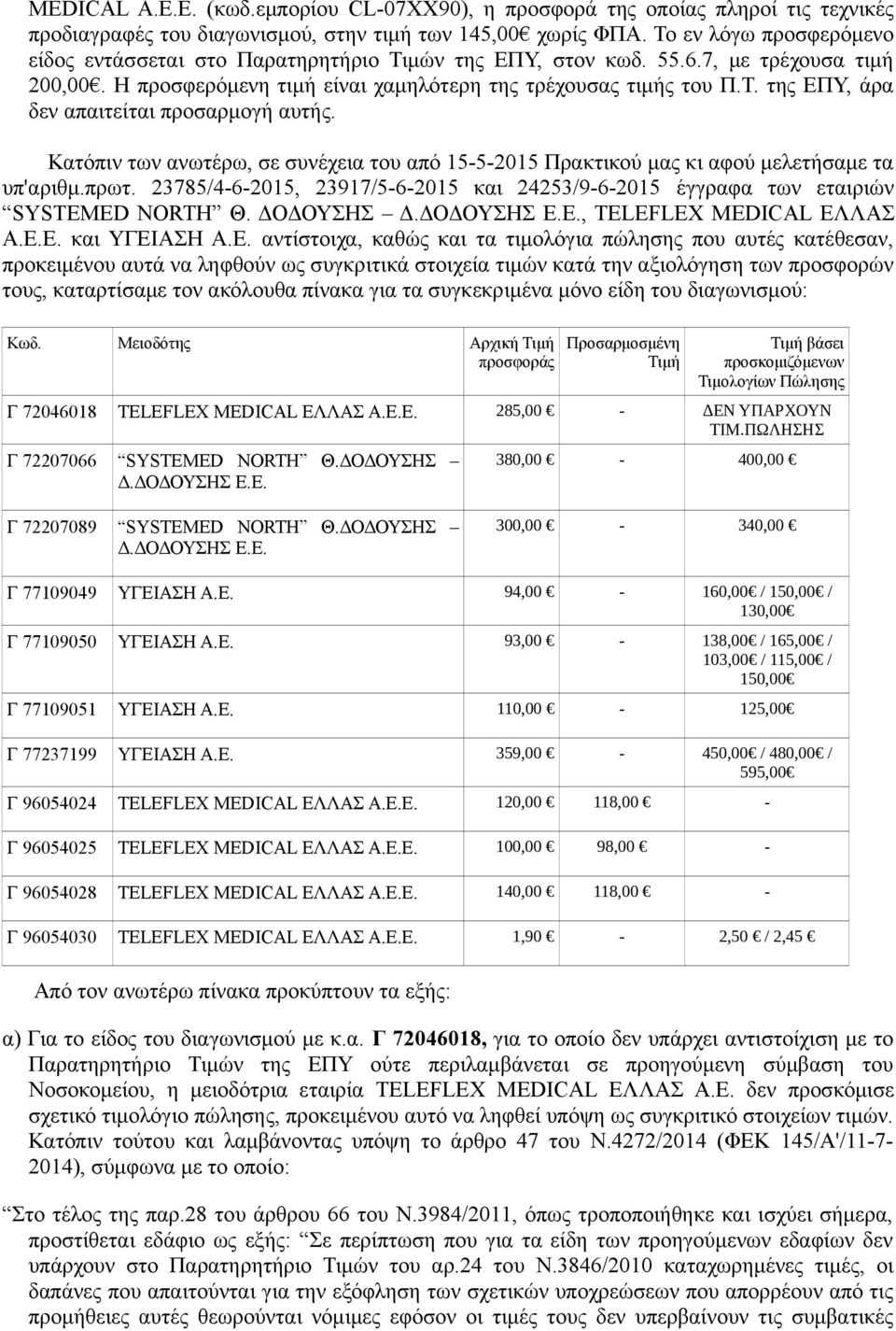 Κατόπιν των ανωτέρω, σε συνέχεια του από 15-5-2015 Πρακτικού μας κι αφού μελετήσαμε τα υπ'αριθμ.πρωτ. 23785/4-6-2015, 23917/5-6-2015 και 24253/9-6-2015 έγγραφα των εταιριών SYSTEMED NORTH Θ.