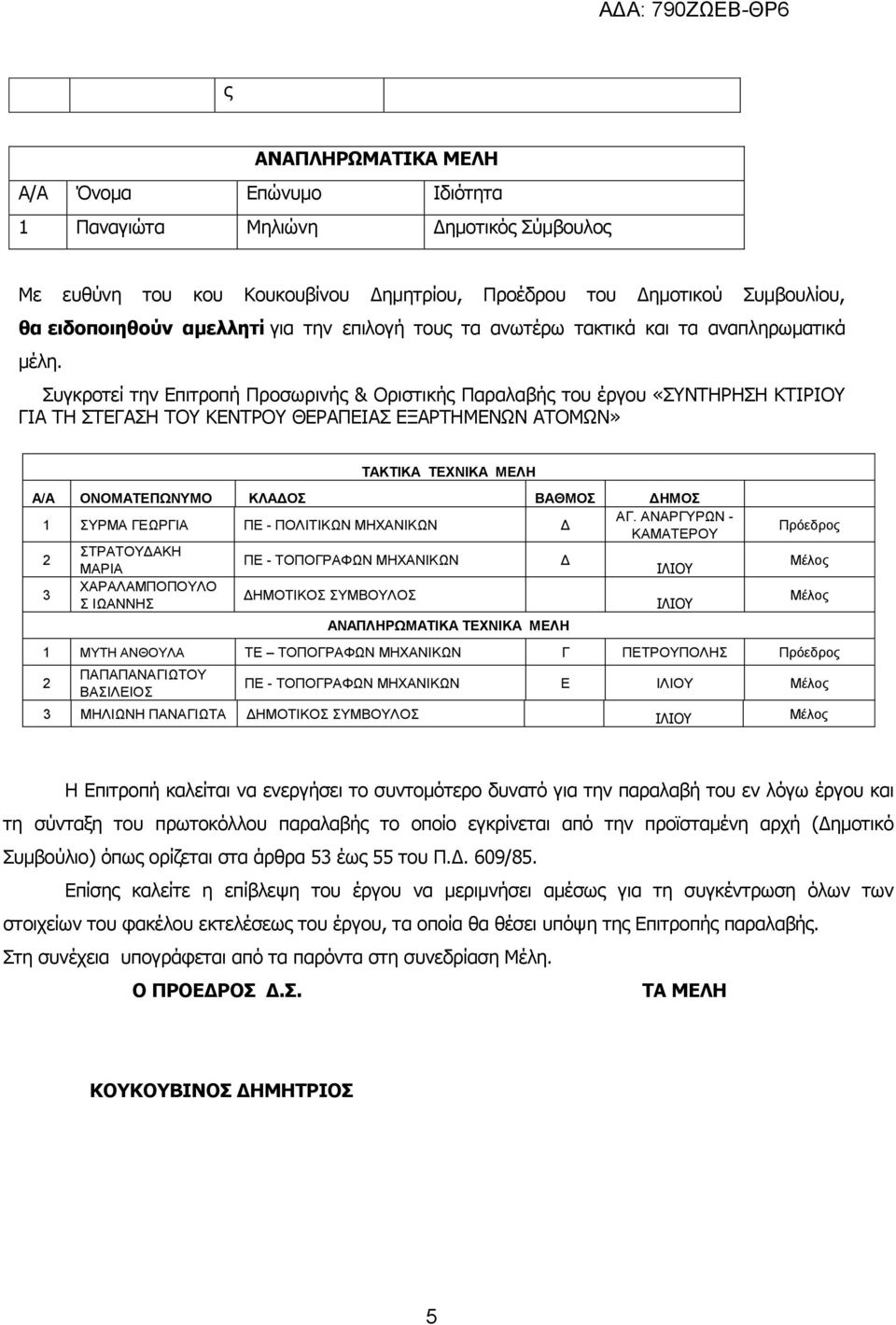Συγκροτεί την Επιτροπή Προσωρινής & Οριστικής Παραλαβής του έργου «ΣΥΝΤΗΡΗΣΗ ΚΤΙΡΙΟΥ ΓΙΑ ΤΗ ΣΤΕΓΑΣΗ ΤΟΥ ΚΕΝΤΡΟΥ ΘΕΡΑΠΕΙΑΣ ΕΞΑΡΤΗΜΕΝΩΝ ΑΤΟΜΩΝ» Α/Α ΟΝΟΜΑΤΕΠΩΝΥΜΟ ΚΛΑΟΣ ΒΑΘΜΟΣ ΗΜΟΣ 1 ΣΥΡΜΑ ΓΕΩΡΓΙΑ ΠΕ -