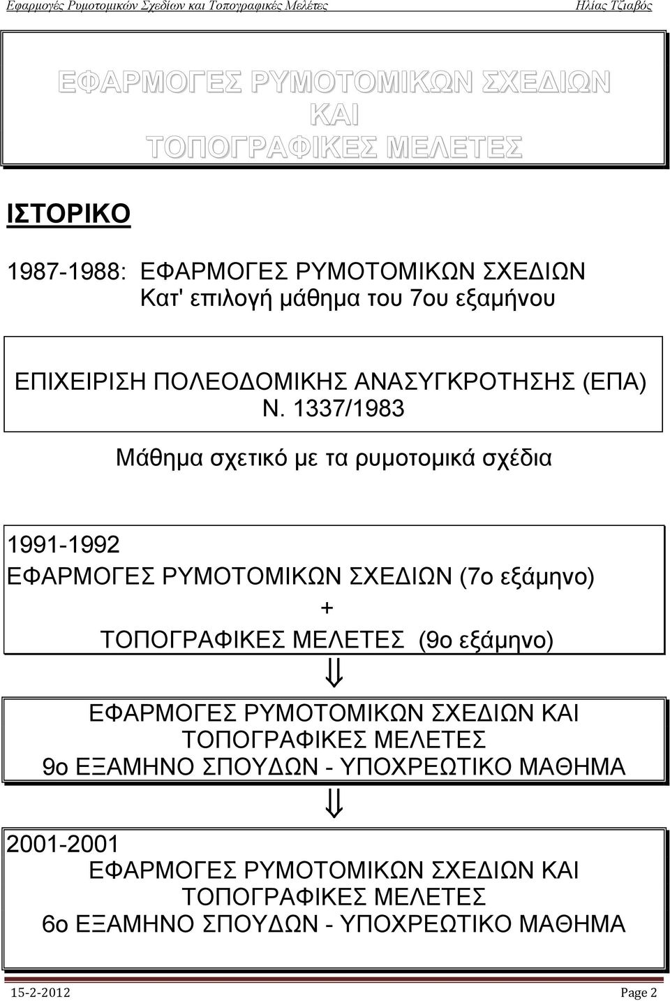1337/1983 Mάθημα σχετικό με τα ρυμοτομικά σχέδια 1991-1992 EΦAPMOΓEΣ PYMOTOMIKΩN ΣXE IΩN (7ο εξάμηνο) + TOΠOΓPAΦIKEΣ MEΛETEΣ (9ο