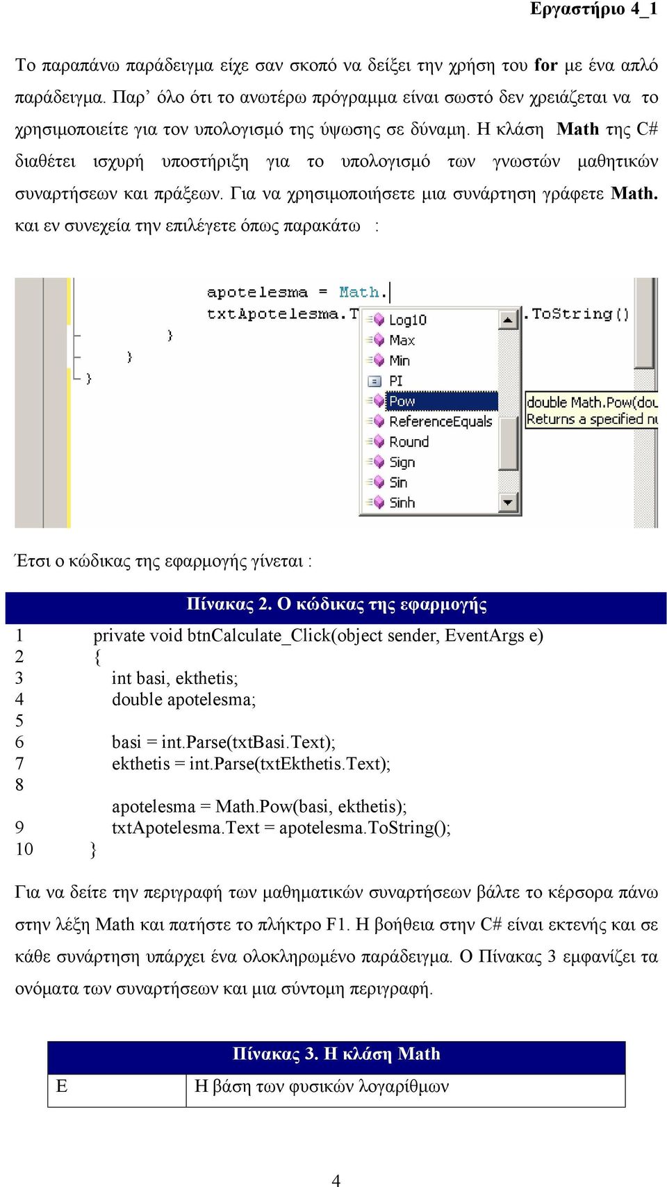 Η κλάση Math της C# διαθέτει ισχυρή υποστήριξη για το υπολογισμό των γνωστών μαθητικών συναρτήσεων και πράξεων. Για να χρησιμοποιήσετε μια συνάρτηση γράφετε Math.