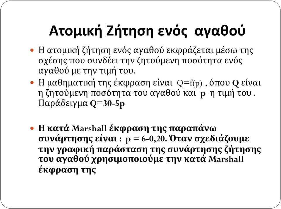 Η μαθηματική της έκφραση είναι Q=f(p), όπου Q είναι η ζητούμενη ποσότητα του αγαθού και p η τιμή του.