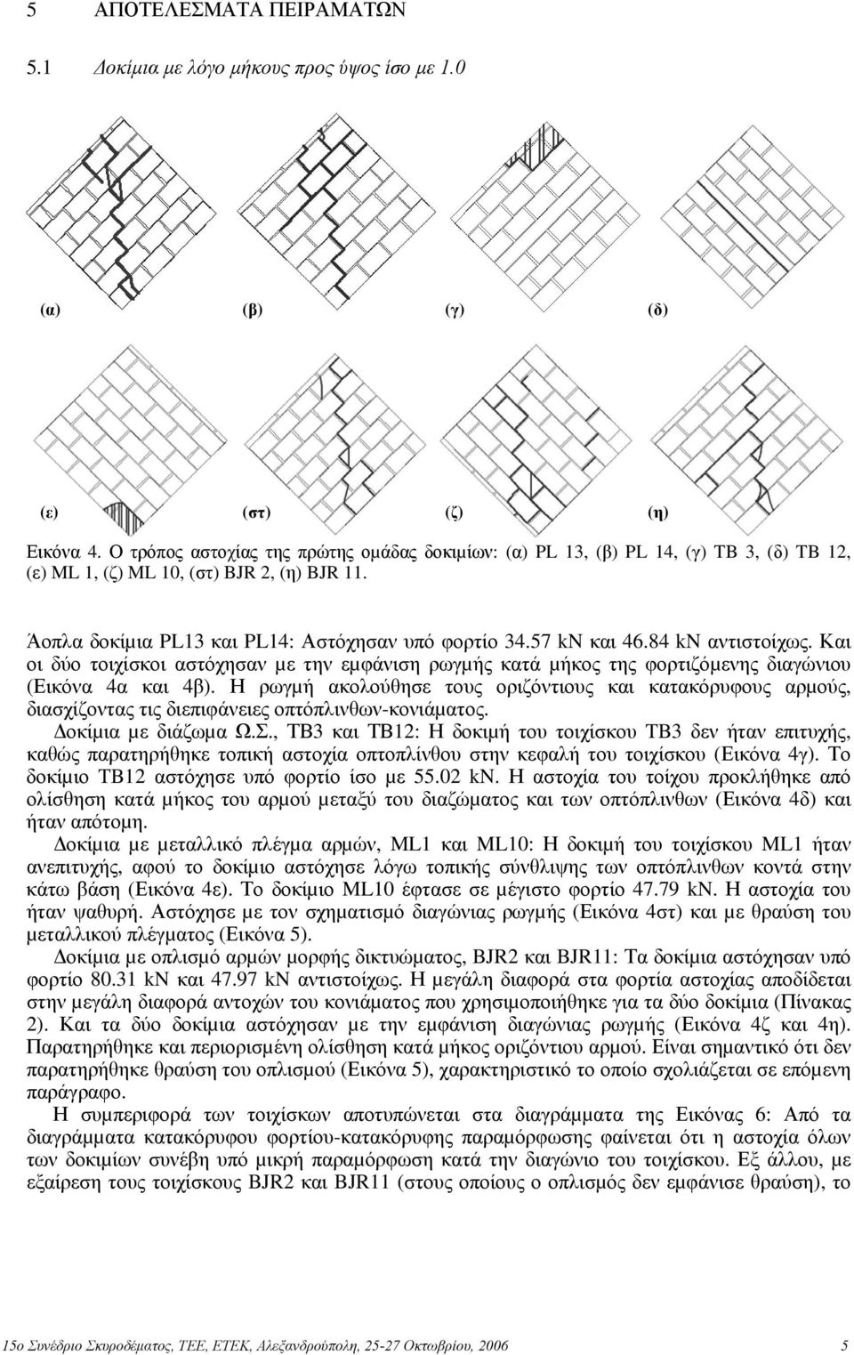 84 kn αντιστοίχως. Και οι δύο τοιχίσκοι αστόχησαν µε την εµφάνιση ρωγµής κατά µήκος της φορτιζόµενης διαγώνιου (Εικόνα 4α και 4β).