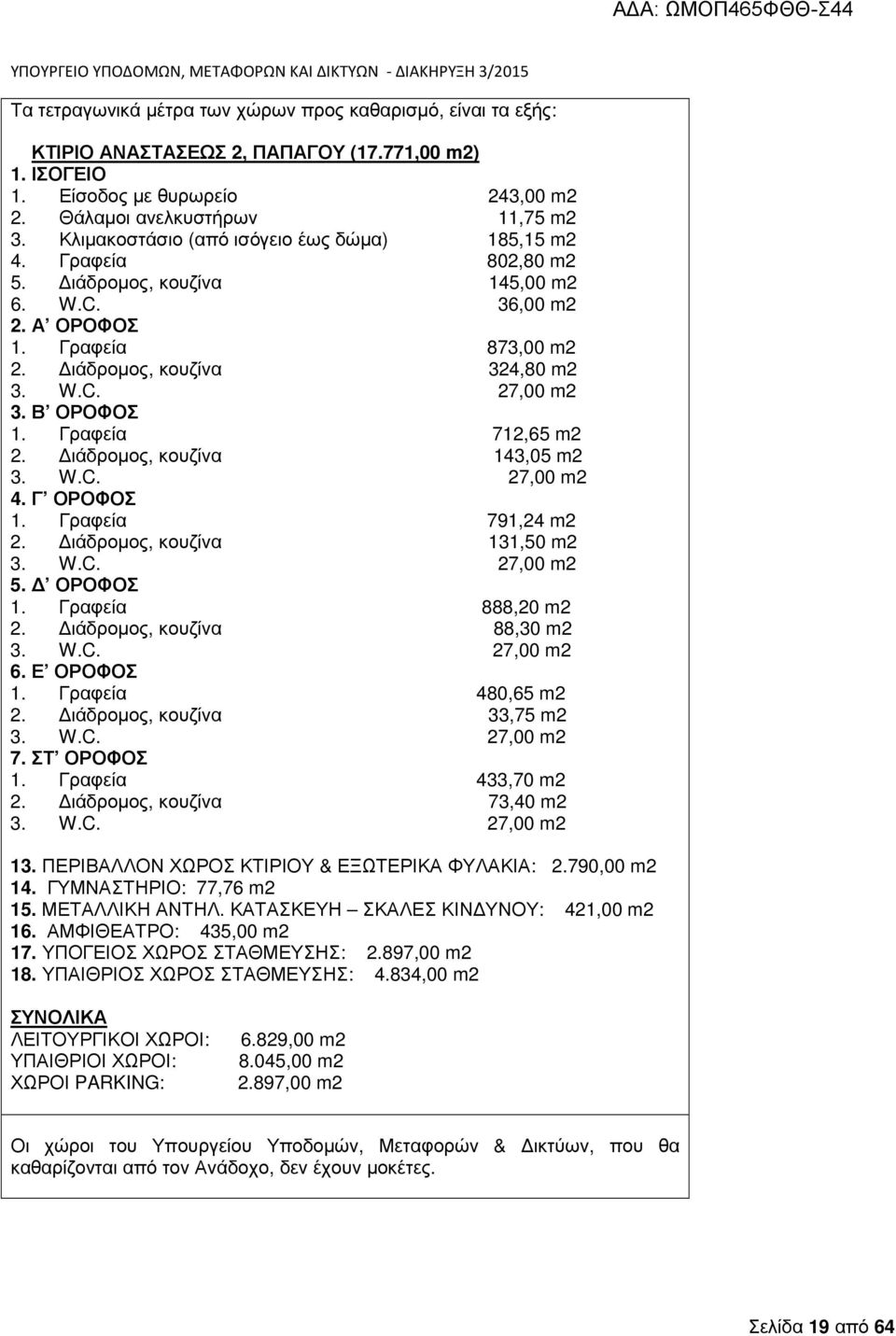 Β ΟΡΟΦΟΣ 1. Γραφεία 712,65 m2 2. ιάδροµος, κουζίνα 143,05 m2 3. W.C. 27,00 m2 4. Γ ΟΡΟΦΟΣ 1. Γραφεία 791,24 m2 2. ιάδροµος, κουζίνα 131,50 m2 3. W.C. 27,00 m2 5. ΟΡΟΦΟΣ 1. Γραφεία 888,20 m2 2.